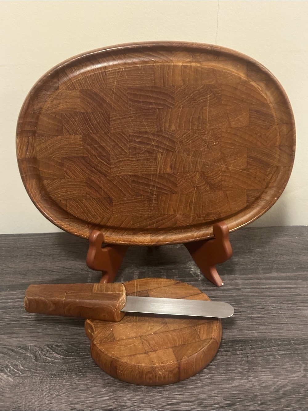DANSK Design Cheese 2 Cutting Boards & Knife Set Denmark Brown Wooden Vintage